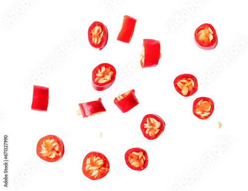 Top view of colorful red chili slices or pieces isolated on white background with clipping path in png file format
