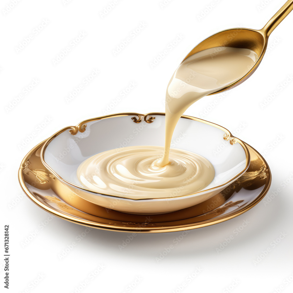Advertising image, close-up of sweetened condensed milk being poured onto a gold plate on a white background, isolated Advertising image, close-up of sweetened condensed milk being poured onto a gold plate on a white background, isolated