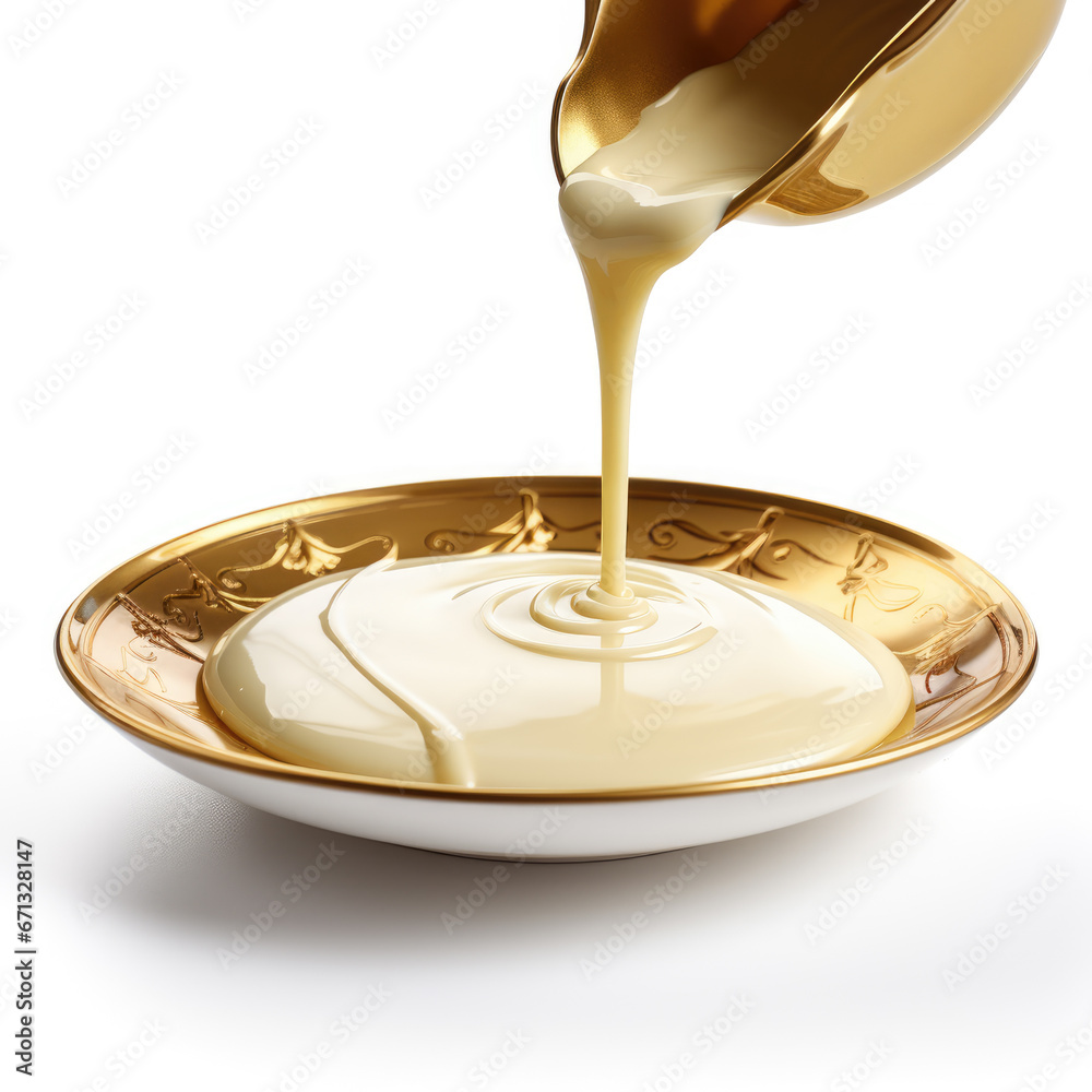 Advertising image, close-up of sweetened condensed milk being poured onto a gold plate on a white background, isolated Advertising image, close-up of sweetened condensed milk being poured onto a gold plate on a white background, isolated
