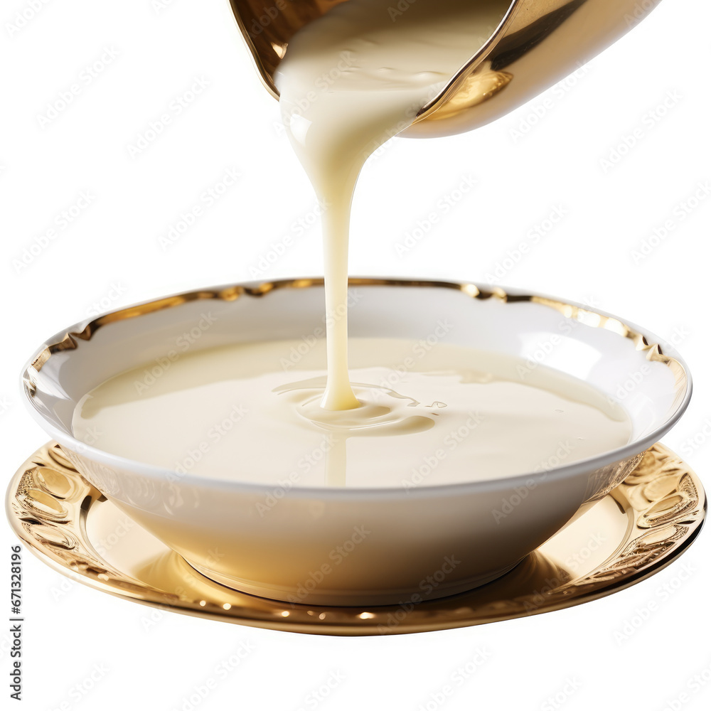 Advertising image, close-up of sweetened condensed milk being poured onto a gold plate on a white background, isolated Advertising image, close-up of sweetened condensed milk being poured onto a gold plate on a white background, isolated