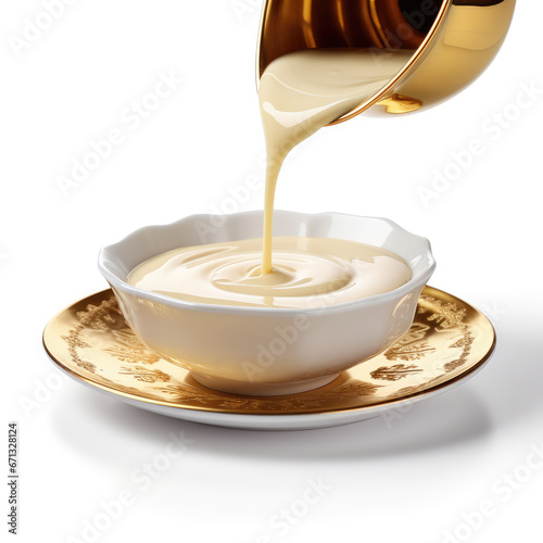 Advertising image, close-up of sweetened condensed milk being poured onto a gold plate on a white background, isolated