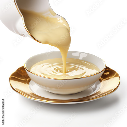 Advertising image, close-up of sweetened condensed milk being poured onto a gold plate on a white background, isolated