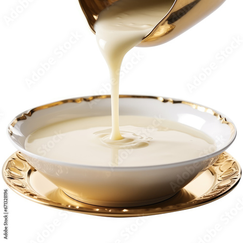 Advertising image  close-up of sweetened condensed milk being poured onto a gold plate on a white background  isolated