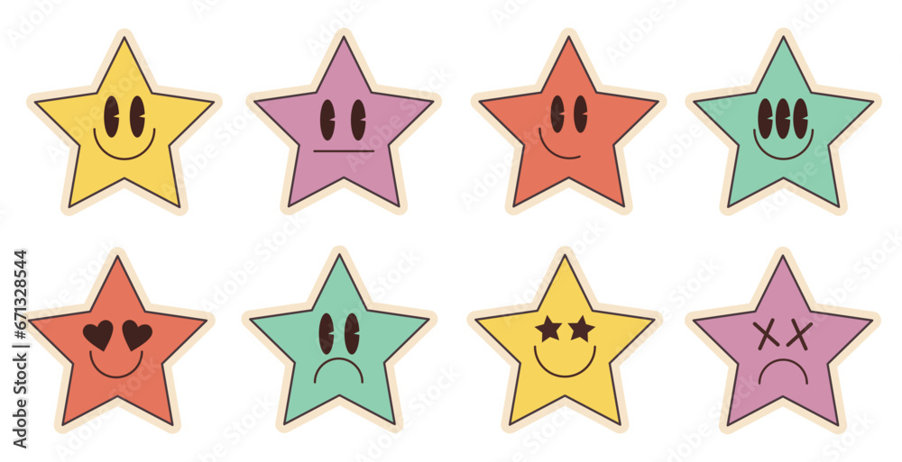 Set of groovy stars emoji in trippy style. Funny faces with eyes and smile. Set of groovy stars emoji in trippy style. Funny faces with eyes and smile.