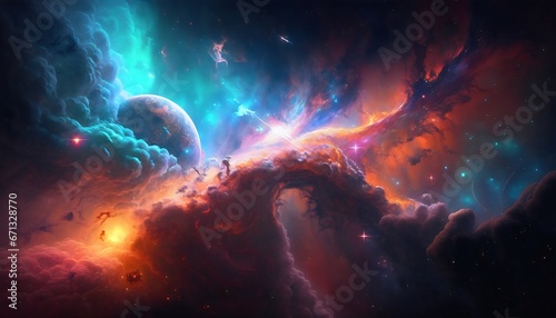 Fantasy space background with planet and nebula  3d illustration. Generative AI.