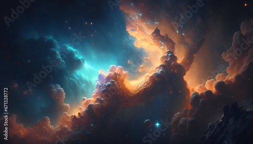 3D Illustration of an abstract background with a nebula in space. Generative AI.