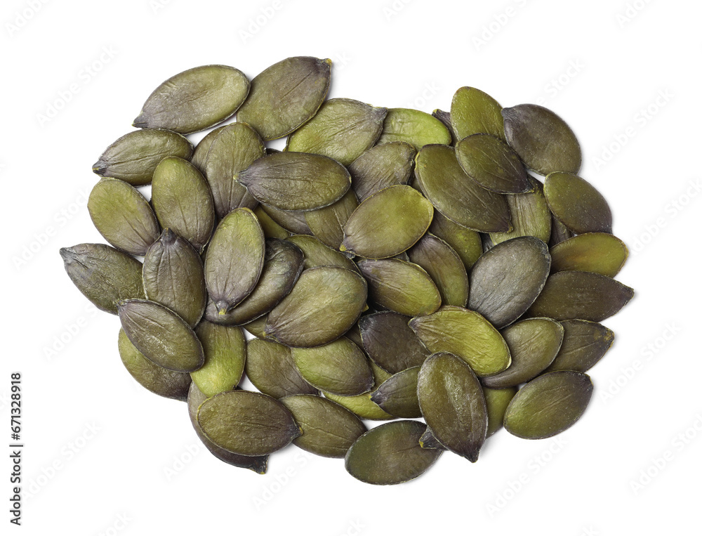 Heap of pumpkin seeds isolated on white, top view Heap of pumpkin seeds isolated on white, top view
