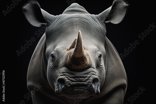 horn wide angle rhino grey skin expressive eyes symmetry protection facing away sharp deep