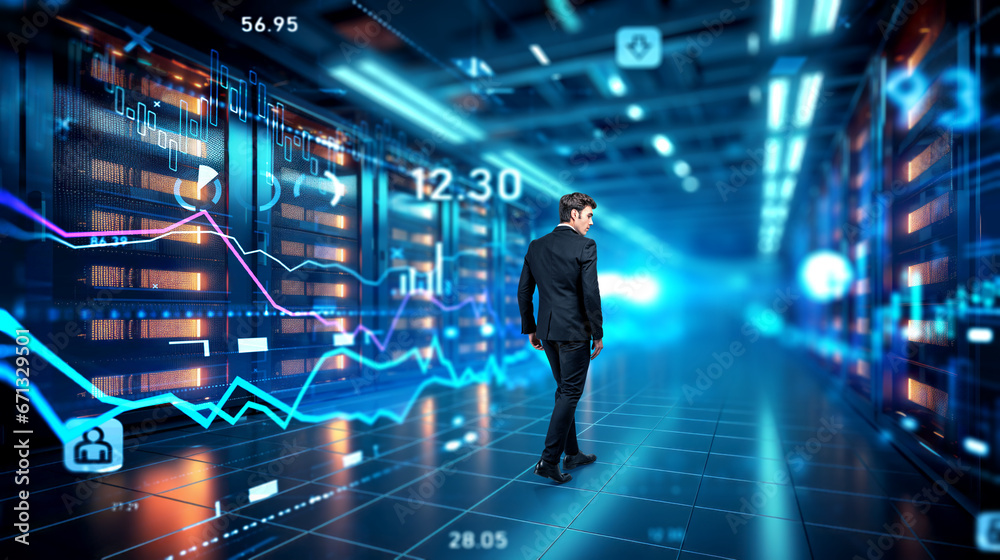 Man in data center room with digital research, analysis hologram. Ai generative Man in data center room with digital research, analysis hologram. Ai generative