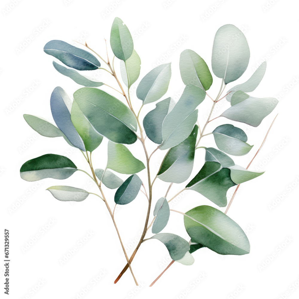 watercolor eucalyptus, clipart, white background