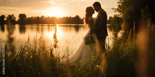 Silhouettes of two lovers kissing by the lake, Beautiful bride and groom posing near the lake at sunset Generative Ai
 photo