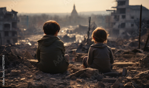 Two children sit turned away, gazing at the city left devastated by relentless attacks. Ai generative