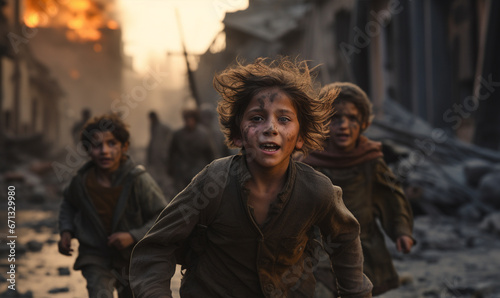 Children running away from a war-torn area. Ai generative © Mangsaab