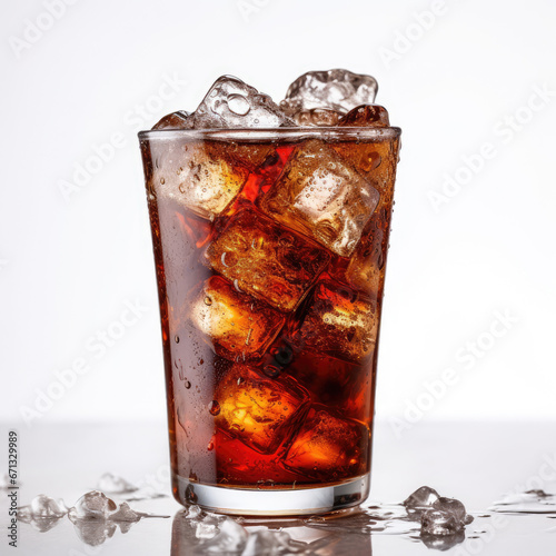 Soda bubbles in a cola with ice in glass, coolness isolated on white background
