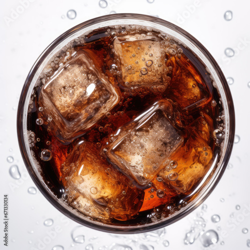 Soda bubbles in a cola with ice in glass, coolness isolated on white background