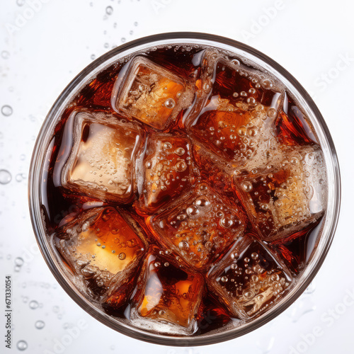 Soda bubbles in a cola with ice in glass, coolness isolated on white background