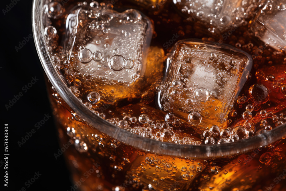 Close-up shot of Soda bubbles in a cola with ice in glass Close-up shot of Soda bubbles in a cola with ice in glass