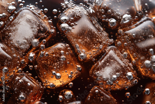 Close-up shot of Soda bubbles in a cola with ice in glass