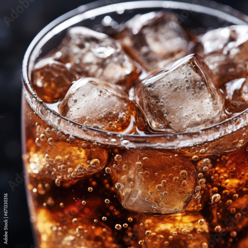 Close-up shot of Soda bubbles in a cola with ice in glass