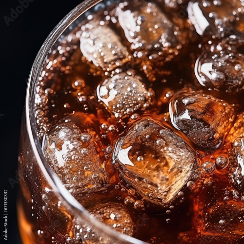 Close-up shot of Soda bubbles in a cola with ice in glass