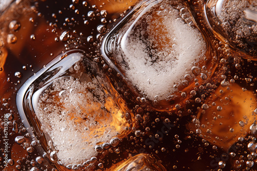 Close-up shot of Soda bubbles in a cola with ice in glass photo