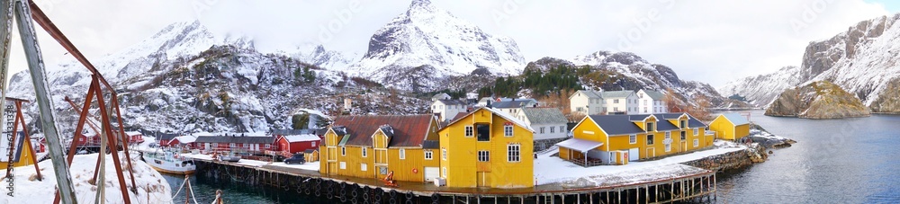 Parnoramic view of fisherman village at Lofoten, Norway, Europe.