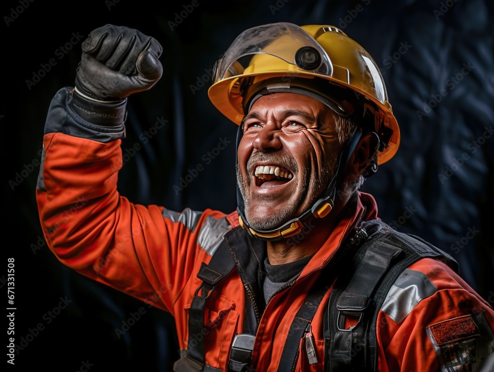 Industrial worker happy celebrating, generative ai Industrial worker happy celebrating, generative ai
