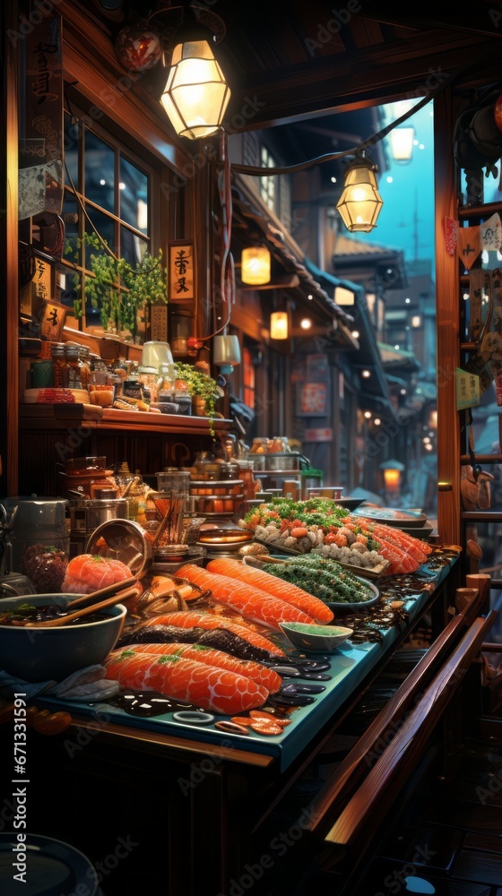 Wallpaper of Vibrant Market Stalls Selling Fresh Sushi and Japanese Delicacies, Generative AI