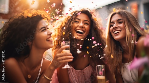 Happy young female friends hanging out and talking at outdoors party. Group of young women sitting outdoors with drinks and talking.