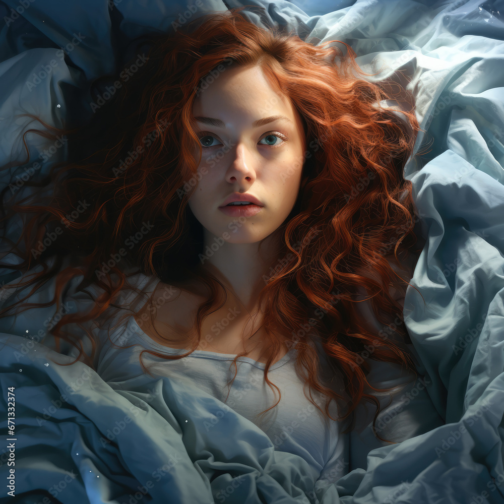 modern style bedroom, A woman curly red hair scattered on the quilt modern style bedroom, A woman curly red hair scattered on the quilt