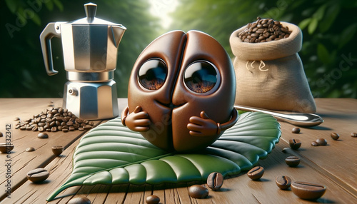 A coffee bean character with big, captivating eyes, finding peace atop a textured green leaf - Generative AI photo