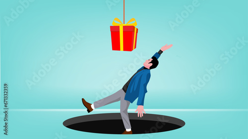problems or traps in doing business with the concept of an entrepreneur who falls into a hole because he is lulled by the trappings of prizes or big profits flat design vector illustration