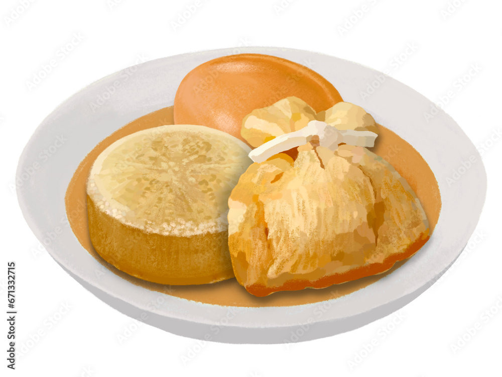 おでん小皿(大根、煮卵、餅巾着) おでん小皿(大根、煮卵、餅巾着)