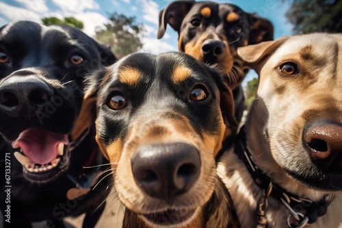 Selfie of Group of dogs in a row looking at the camera and laughing. Generative AI.