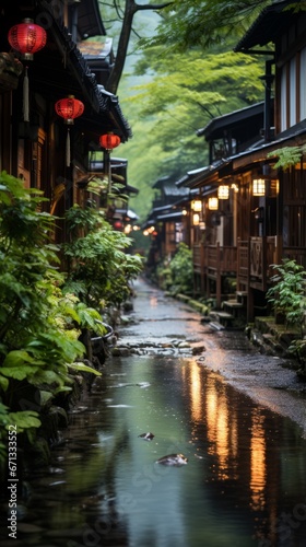 Wallpaper of Traditional Wooden Kyomachiya Houses Along a Canal, Generative AI
