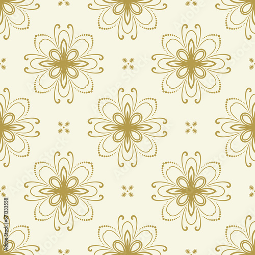 Floral ornament. Seamless abstract classic background with flowers. Pattern with golden floral elements. Ornament for wallpaper and packaging