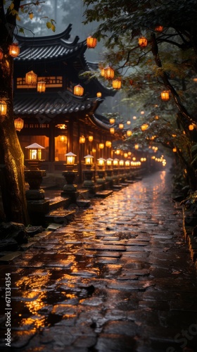 Wallpaper of Torches Illuminating a Shinto Shrine's Stone Path at Night, Generative AI