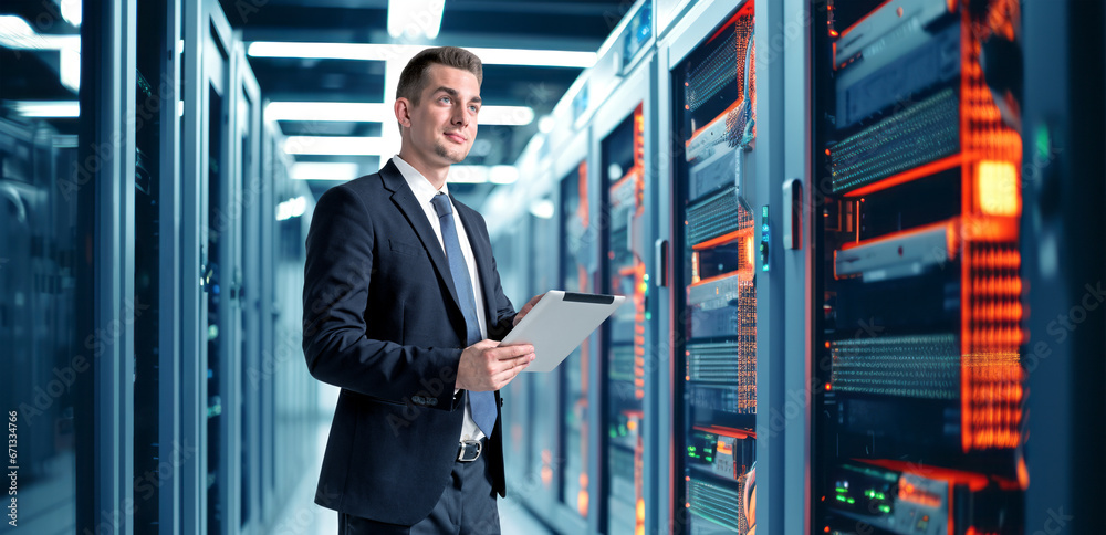 Fototapeta premium Smiling man using tablet in data center server, computer in racks. Ai generative