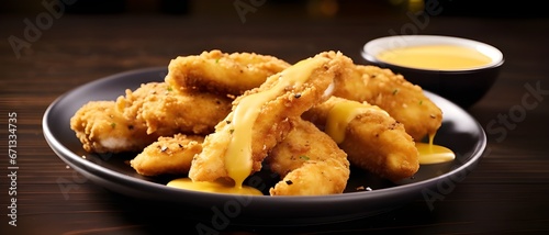 Fried chicken nuggets on plate with cheese and mustard honey sauce, food background