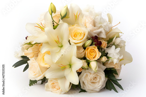 A flower bouquet of white  cream  and ivory roses and lilies is isolated against a white background.  Generative AI 