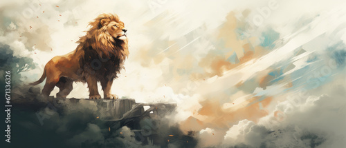 A majestic watercolor portrayal of a white lion standing regally on a mountaintop, a symbol of power and beauty.