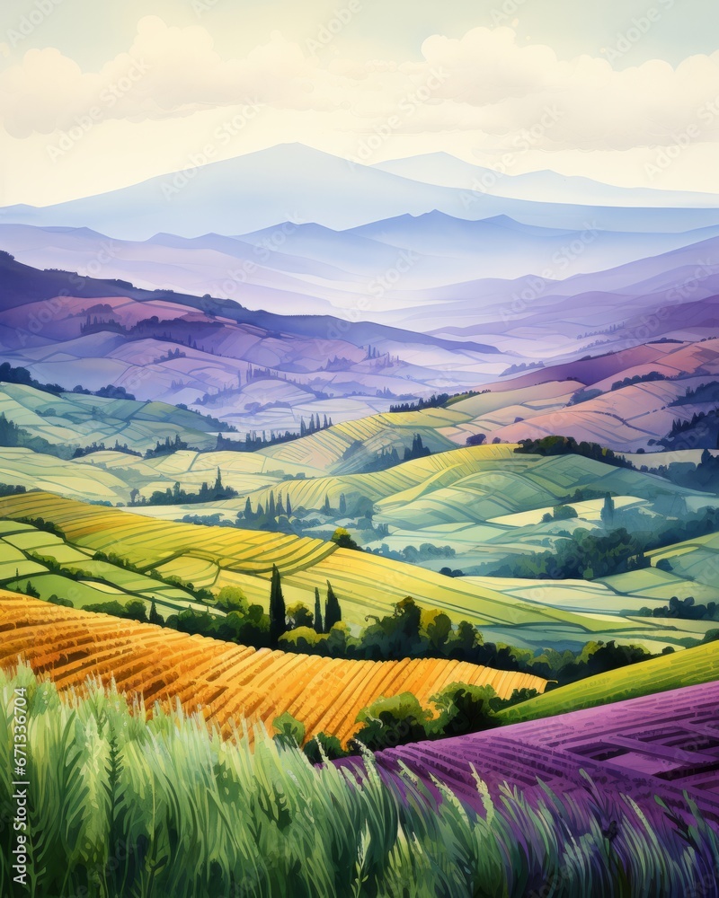 Vibrant Tuscan Hills Watercolour.
Watercolour depiction of vibrant Tuscan hills with colourful agricultural fields.