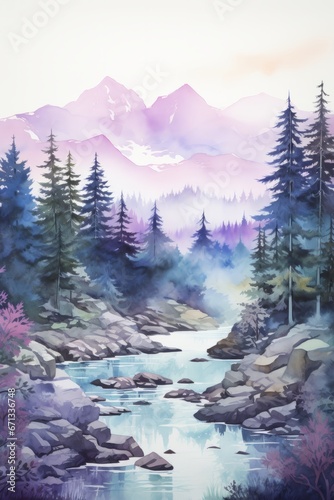 Misty Mountain Watercolour with Flowing River. Mist hangs over a mountainous landscape with a flowing river in this watercolour painting.