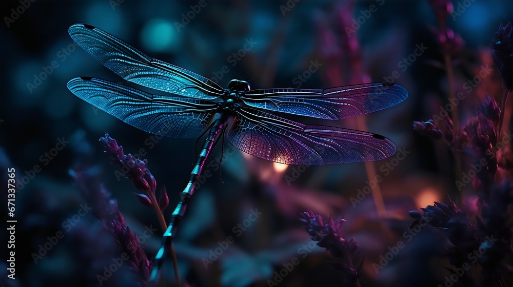 Dragonfly on flower in the garden at night. Macro photography. blue and purple light. Generative AI.
