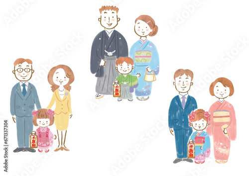 七五三をお祝いする3家族のイラストセット