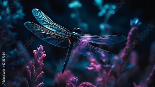 Dragonfly on flower in the garden at night. Macro photography. blue and purple light. Generative AI. © Artistic Avenue