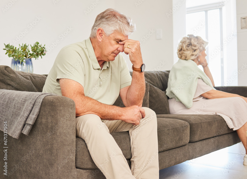 Angry, senior man and fight on sofa in divorce, breakup and stress of sad separation at home. Argue, depression and frustrated couple on couch in conflict, crisis and problem of drama in bad marriage Angry, senior man and fight on sofa in divorce, breakup and stress of sad separation at home. Argue, depression and frustrated couple on couch in conflict, crisis and problem of drama in bad marriage