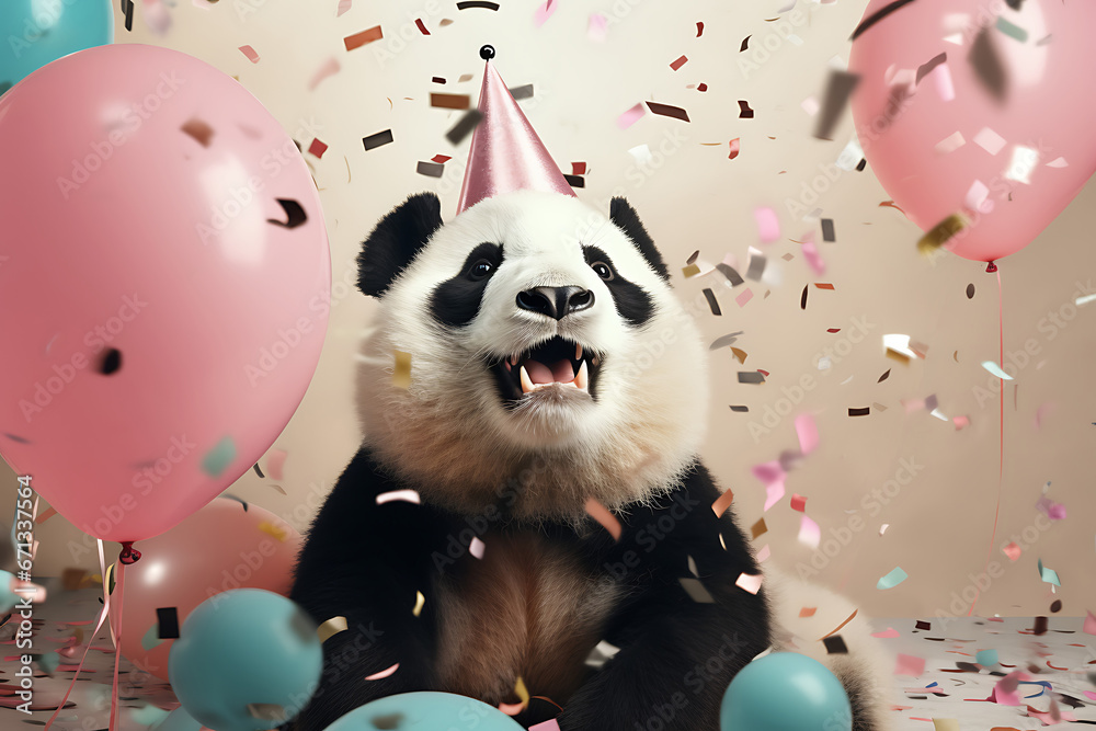 portrait of a funny panda animal in a festive hat celebrating his birthday at party with balloons and confetti - obrazy, fototapety, plakaty 