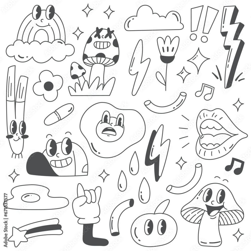 Set of Retro Cartoon Character Doodle Line Art