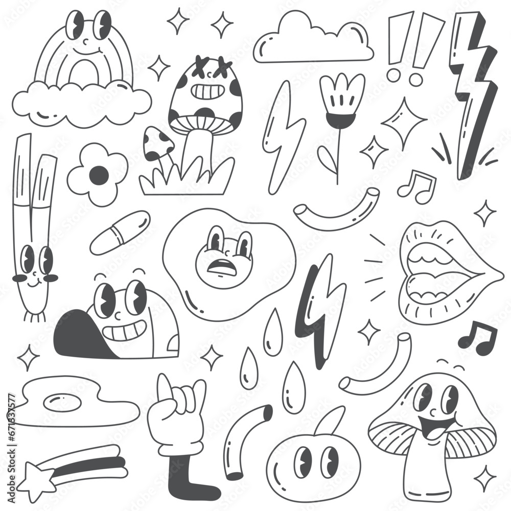 Set of Retro Cartoon Character Doodle Line Art Set of Retro Cartoon Character Doodle Line Art